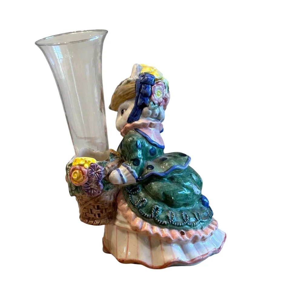 Fitz and Floyd Ceramic Bunny Girl Vase with‎ Glass Insert 1995 Cottagecore